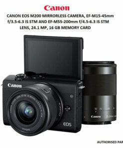 CANON EOS M200 MIRRORLESS CAMERA, EF-M15-45MM F/3.5-6.3 IS STM AND EF-M55-200MM F/4.5-6.3 IS STM LENS, 24.1 MP, 16 GB MEMORY CARD AND CARRY CASE